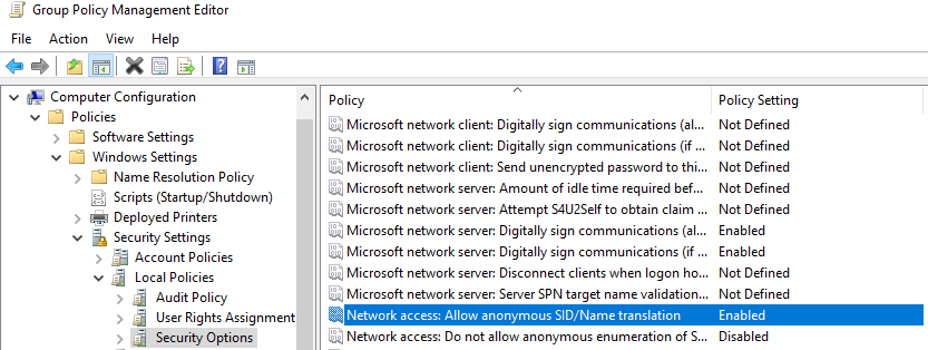 此设置允许匿名用户请求域内用户和组的安全标识符（SID）属性